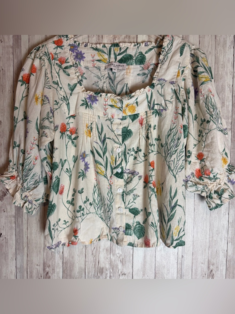 Laura Ashley Linen-Blend Floral Cropped Square-Neck Top XS